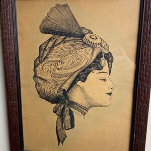 ANTIQUE 1912 Gibson Girl with Turban ORIGINAL Ink Framed Drawing, Signed